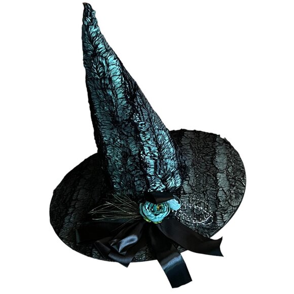 One-of-a-Kind Handmade Teal & Black Witch's Hat w/Decorative Flower & Black Bow - Picture 3 of 13